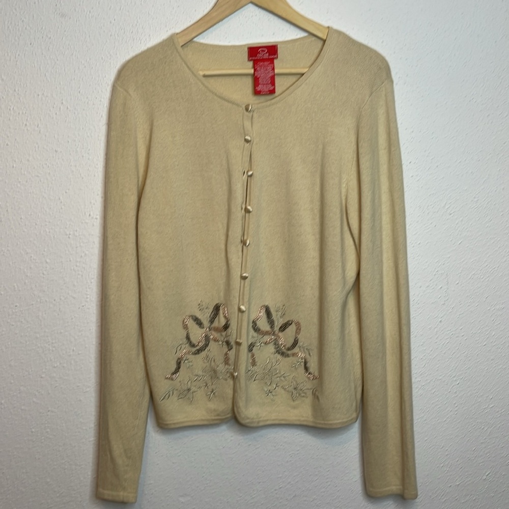 Oscar de La Renta Silk Blend Cardigan with Bow Detailing Size XL